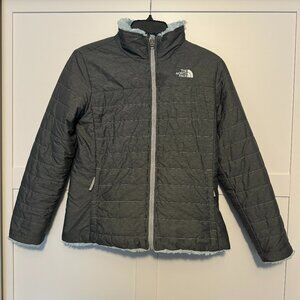 North Face Girls Jacket Reversible Mossbud Swirl Gray Blue Size LARGE 14/16 Coat